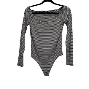 Express Black White Striped Long-Sleeve Bodysuit Med Rayon Spandex Off-Shoulder